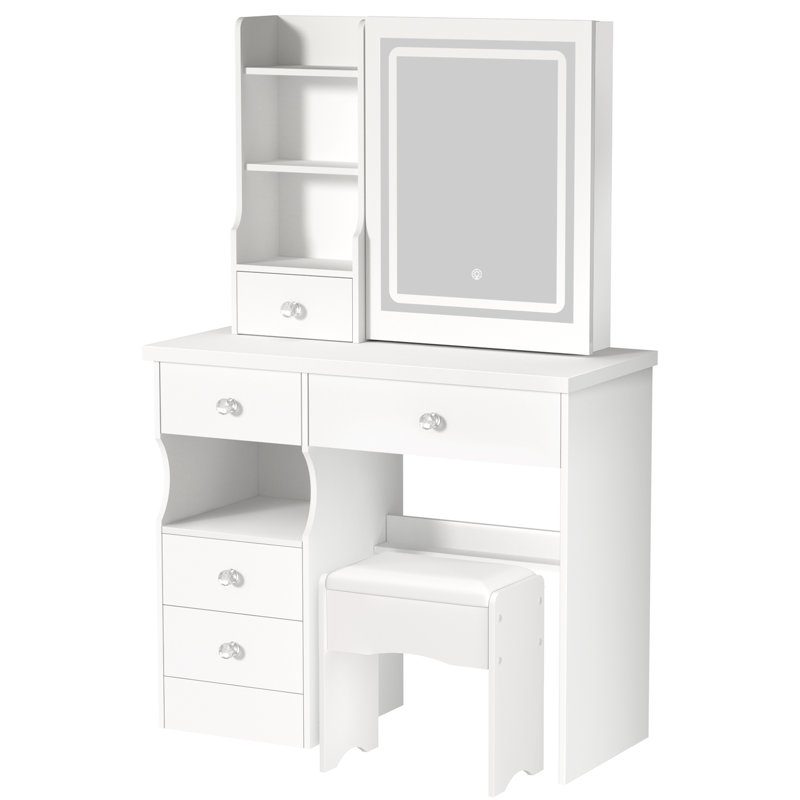 Vanity Desk with LED Lighted Mirror, Bedroom Dressing Table, Makeup Desk with Stool, 5 Drawers, Open Shelves, Hidden Storage Space