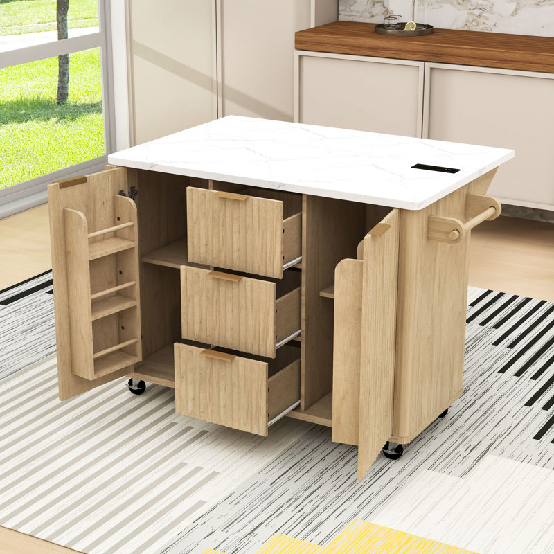 Rolling Fluted Kitchen Island with Drop Leaf, Power Outlet, 3 Drawers and Faux Marble Top, Natural/White