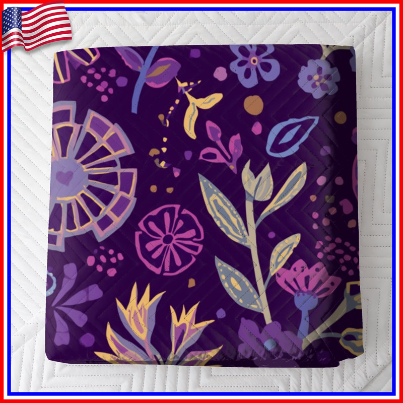 Purple Botanical Floral Quilted Bedspread All Sizes, Twin