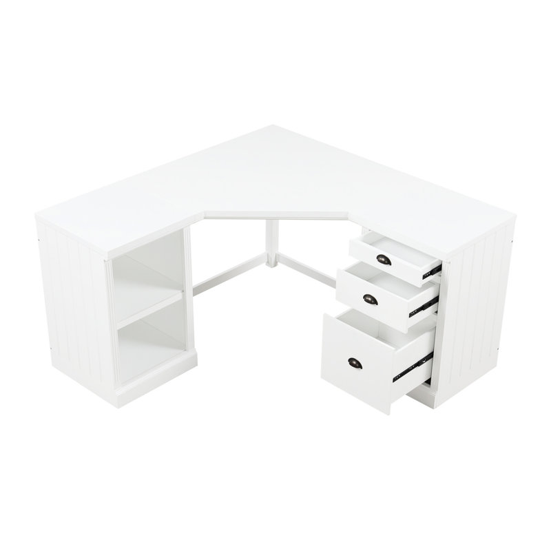 Bureau d'ordinateur en L avec 2 espaces de rangement et 3 tiroirs, blanc pour la maison, meubles fonctionnels, salon moderne, solution généreuse