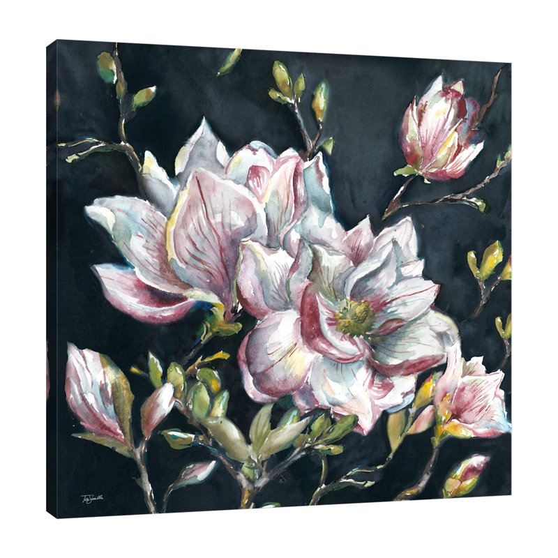 «Magnolia on Black» par Tre Sorelle Studios - reproduction d'art sur toile, H 24 po x l 24 po