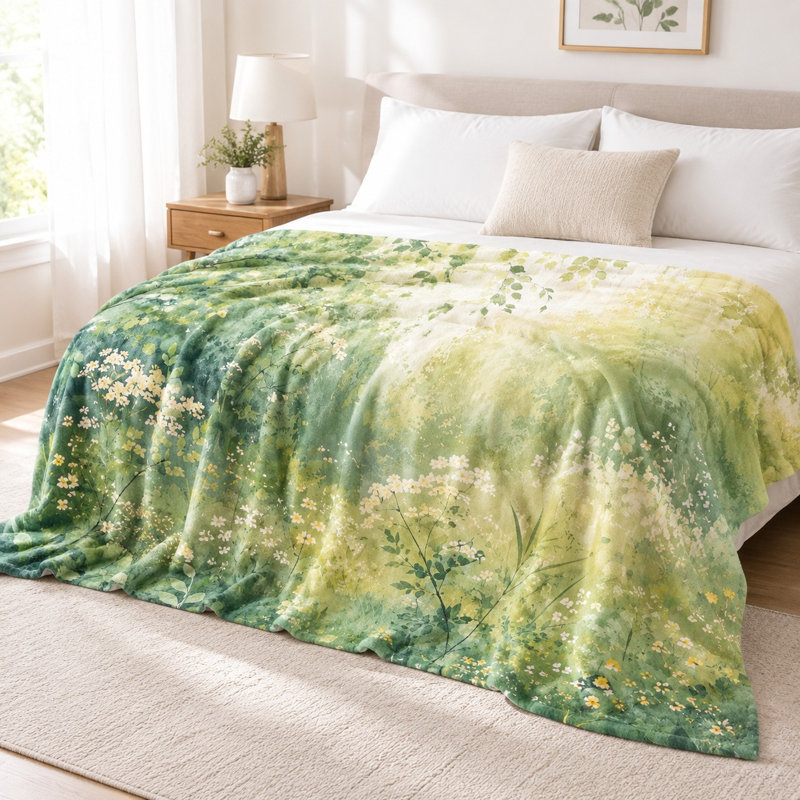 Plaid fleuri aquarelle - Motif luxuriant de verdure et de fleurs sauvages, design artistique, léger, respirant, toutes saisons, doux pour la peau, lavable en machine, décoratif, pour canapé, fauteuil, salon et chambre