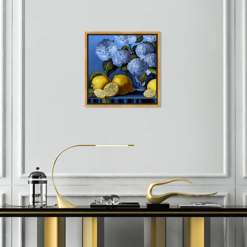 Vase hydrangées et citrons - impression, Impression encadrée, H 17,5 po x l 17,5 po, Doré