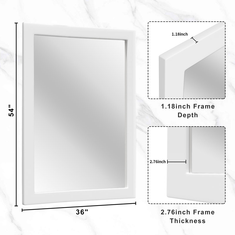 Wood Rectangle Mirror Wall Mounted Decor Bathroom Vanity Mirror With HD Tempered Glass, 54" x 36", White