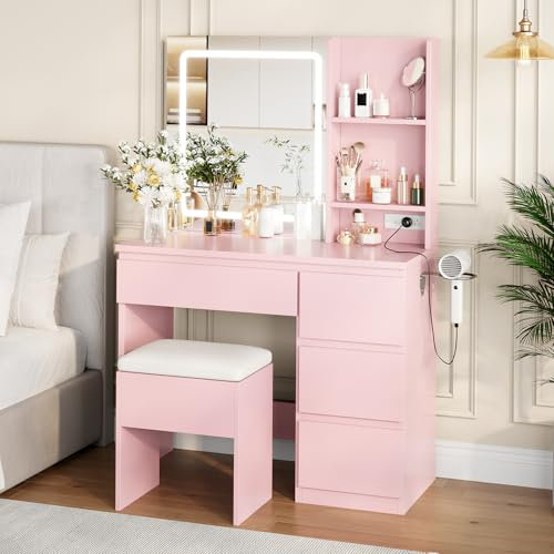 Vanity Desk with Mirror and Lights - Modern Makeup Dressing Table with Outlets, Storage Stool, 4 Drawers & Hair Dryer Holder