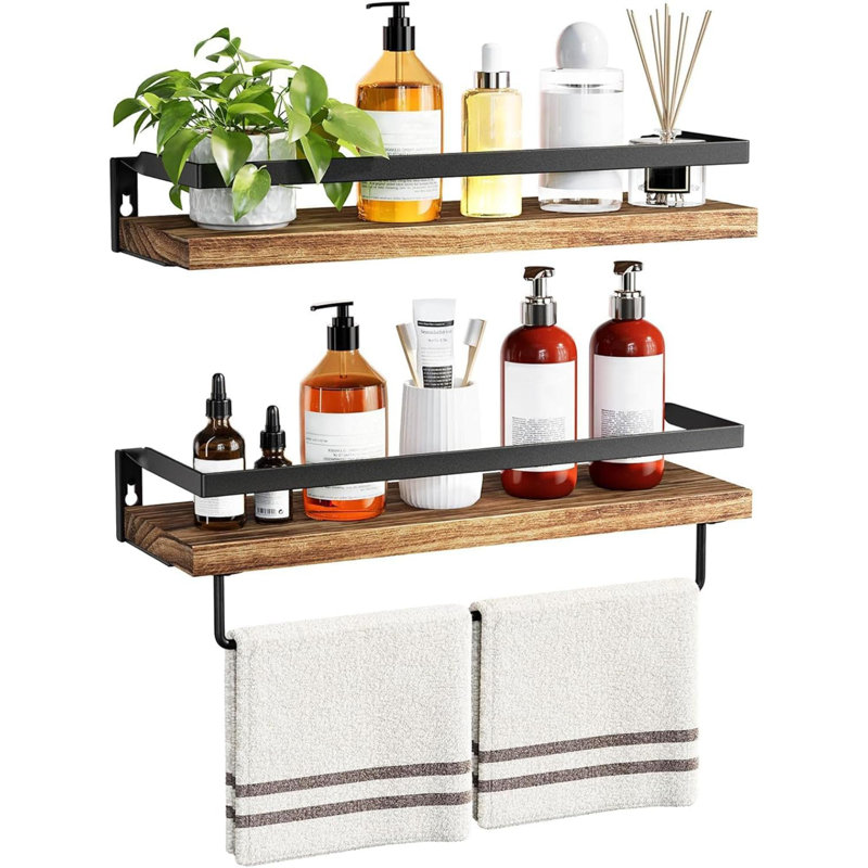 2 Piece Wall Shelves for Bathroom, Kitchen, Bedroom, Bathroom Shelf with Towel Bar, 5.12" H x 16.54" W x 4.72" D, Dark Brown