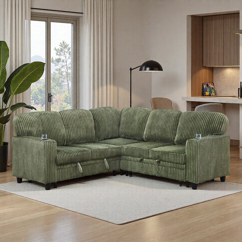 L-Shaped Sectional Sofa Bed With Pull-Out Bed, Storage, Usb Charging And Cup Holders