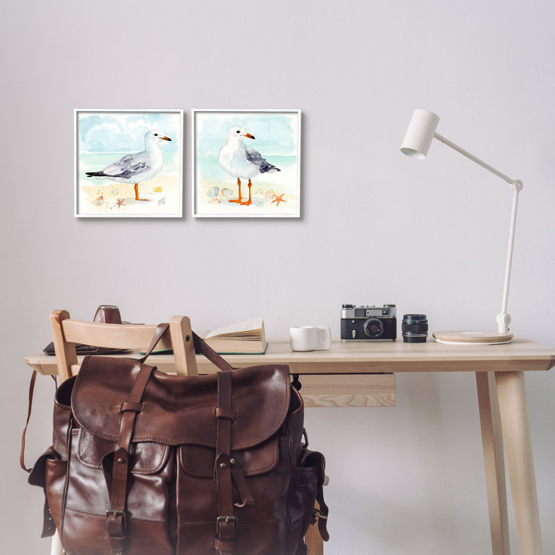 «Seagull & Sandpiper Birds», impression sur bois 2 pièces, Estampe numérique encadrée blanc bord de mer