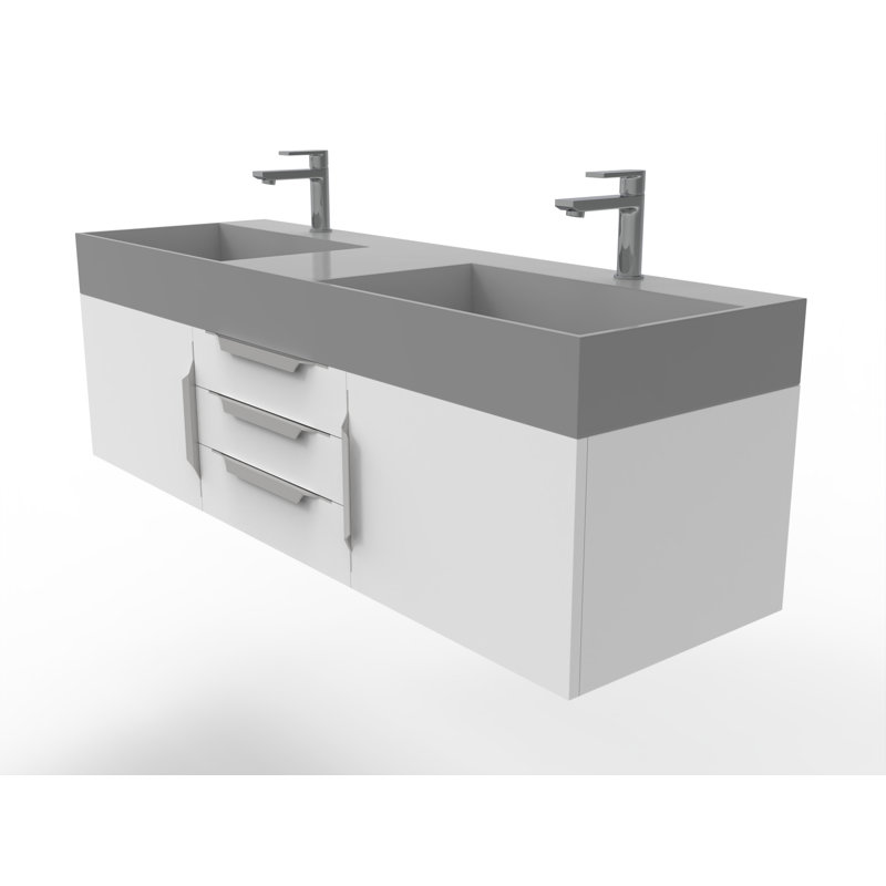 Ensemble de meuble-lavabo double mural 60 po Russett, gris, Blanc, Chrome