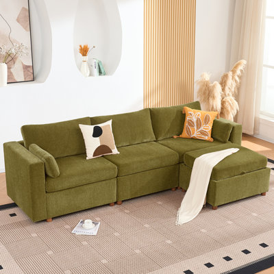  112" Modular Sectional Sofa With Storage Ottoman, 5 Seater U Shaped Couch,Green