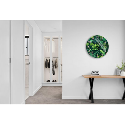 Tropical Leaf Tempered Glass Wall Clock, Jungle Theme Decor, Green Aesthetic Clock, Housewarming Gift, Nature Art Clock, Silent Clock