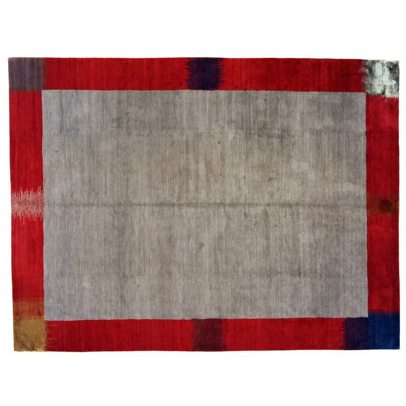 Tapis unique en laine / soie noué à la main gris / rouge / bleu marine de 9 pi x 12 pi One-of-a-Kind