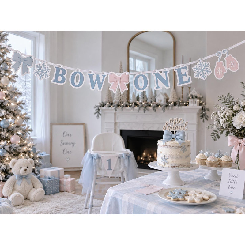 Winter Bow Birthday Banner, First Birthday Party Decor, Handmade Cardstock Garland