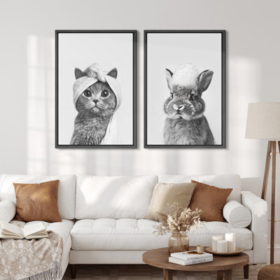 «Cat and Rabbit Spa Day», ensemble d'art mural sur toile, impressions encadrées d'humour animal noir et blanc pour décor de salle de bain fantaisiste