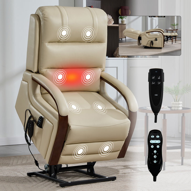 Power Beige Leatheraire Lift Recliner Chair Dual Motor Infinite Position Up To 350 LBS With Solid Wood Armrests, Heat Massage And Heavy Duty Motion Mechanism