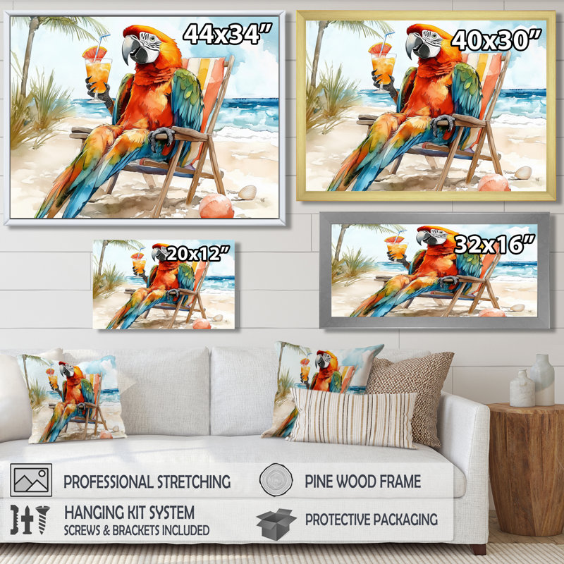 Chaise longue perroquet sur une plage - araignée, art mural, H 34 po x l 44 po x P 1,5 po, Toile tendue