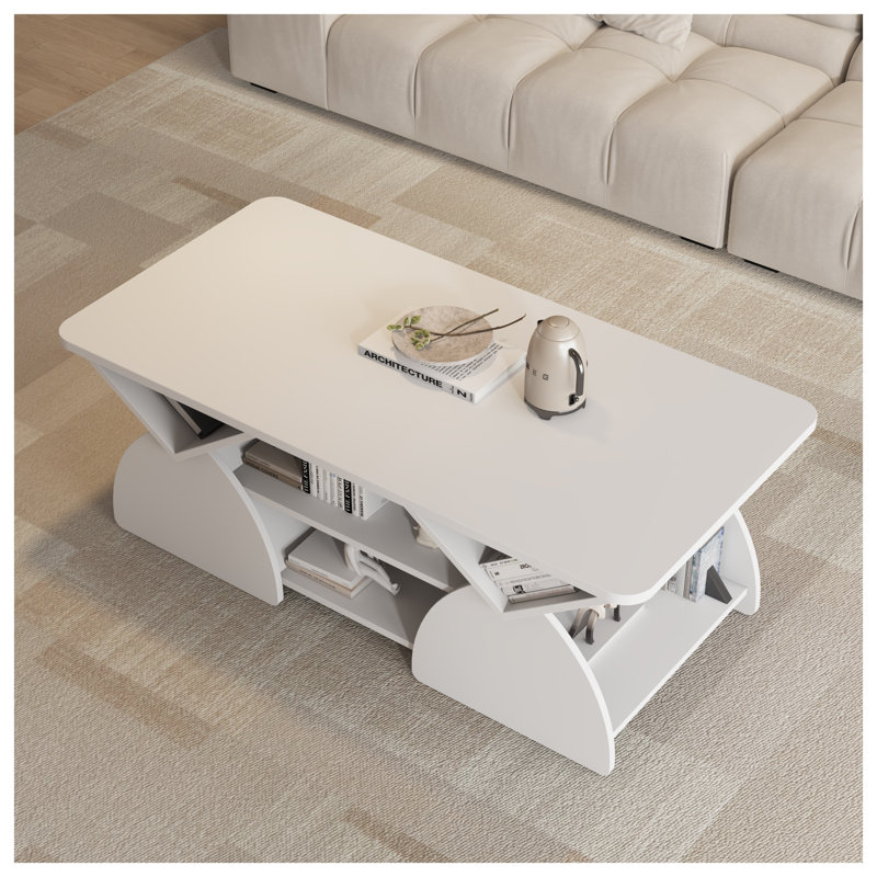 Table basse moderne blanche avec tablettes de rangement - Table de centre rectangulaire de conception géométrique pour le salon