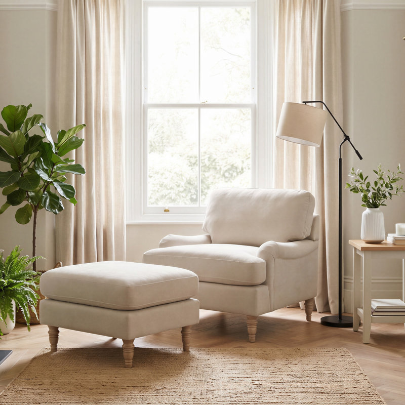 Bernard Upholstered Fabric Armchair & Pouffe Footstool With Rubberwood Legs - Classic Design, Beige Fabric