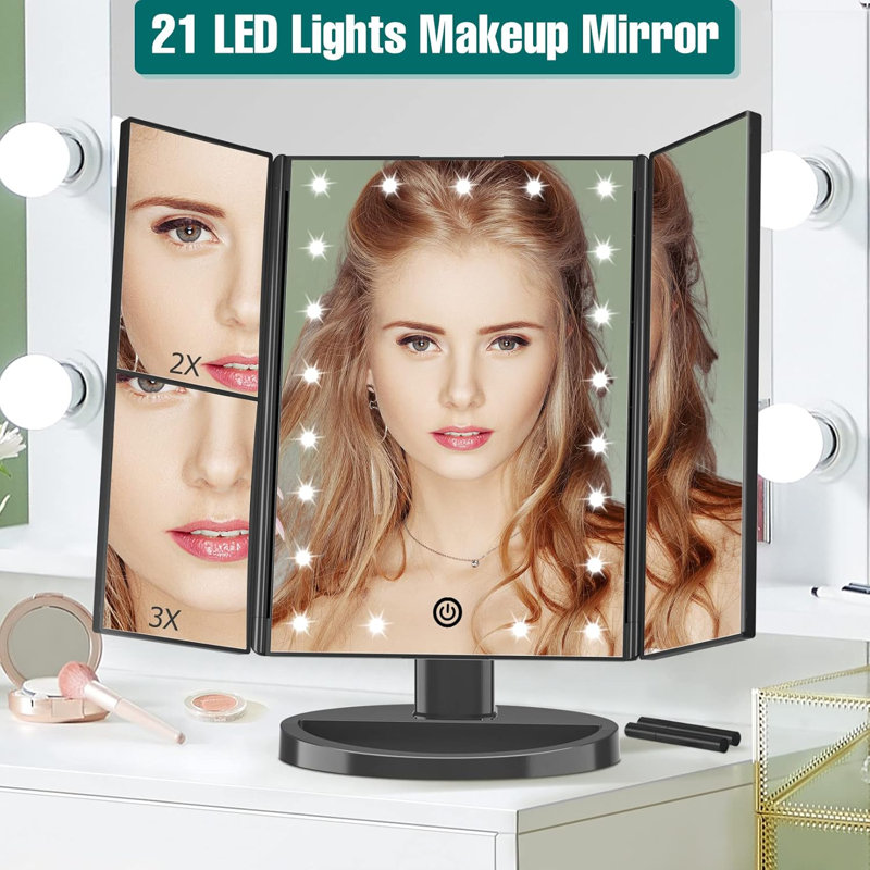 Modern Rectangle Tri-Fold LED Lighted Vanity Magnifying Makeup Mirror, Black, Black