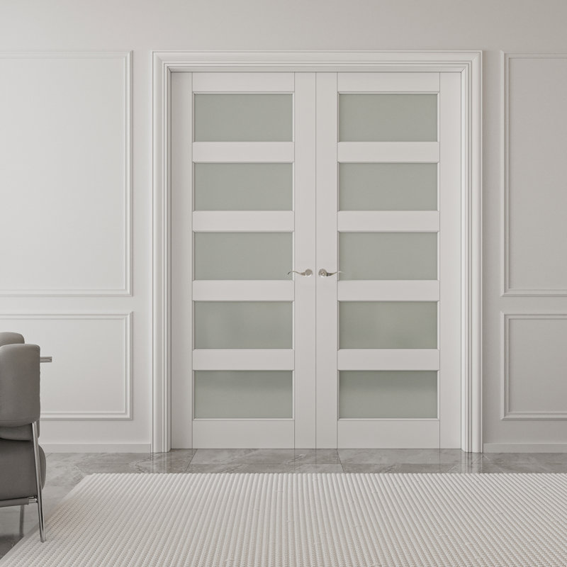 Porte française en verre givré 5-Lite, 72 po x 80 po, Quincaillerie argentée