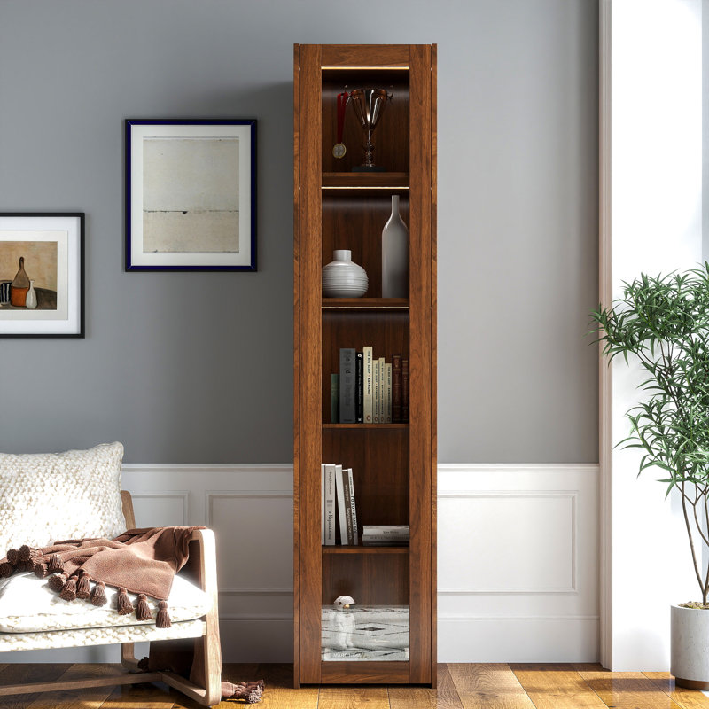 Vitrine à 5 tablettes, lumières à DEL, portes en verre, poupées, vaisselle, bureau, salle de jeux, largeur de 15,46 po, hauteur 70,18 po, armoire de couleur noyer avec tablettes et éclairage, idéale pour la maison, les salles à manger