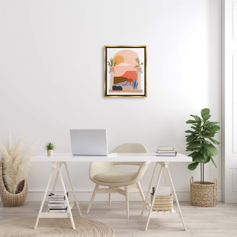 "Chat noir regardant des paysages ensoleillés paisibles" par June Erica Vess - impression sur toile tendue