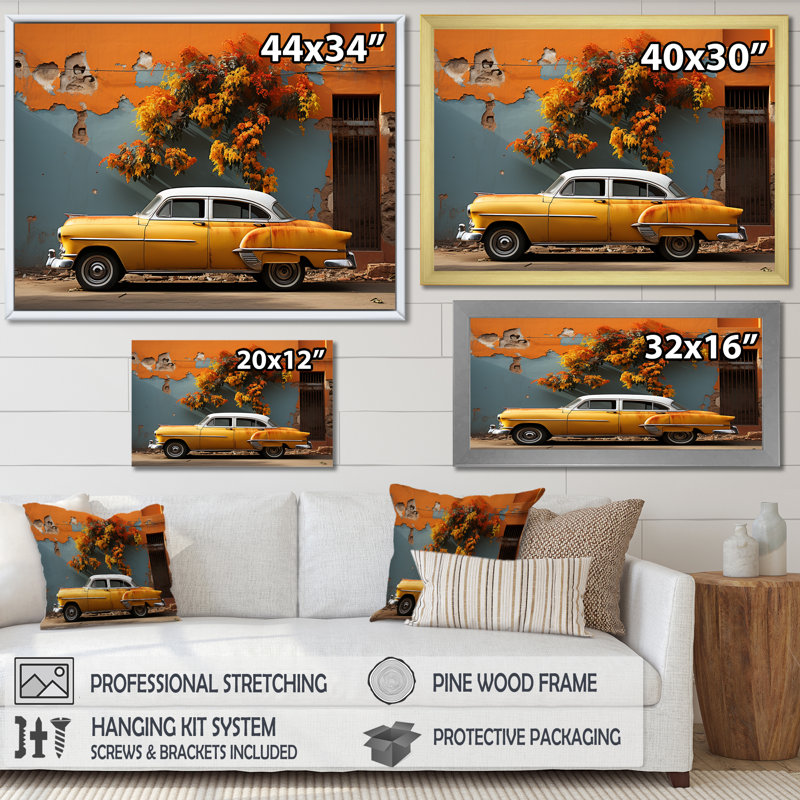 Voiture classique jaune Cuba, Cadre flottant blanc, H 16 po x l 32 po x P 1 po