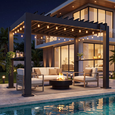 Pergola en aluminium à persiennes de 2,44 m x 1,52 m avec toit ajustable, double barre latérale et système d'évacuation des eaux pluviales intégré, noire.