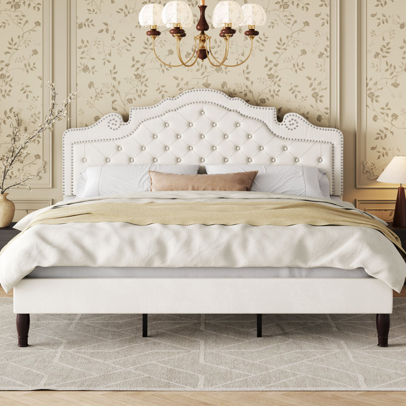Tête de lit plateforme capitonnée en velours Antonious avec hauteur réglable sur 3 niveaux, sans sommier, rangement sous le lit, très grand lit, blanc