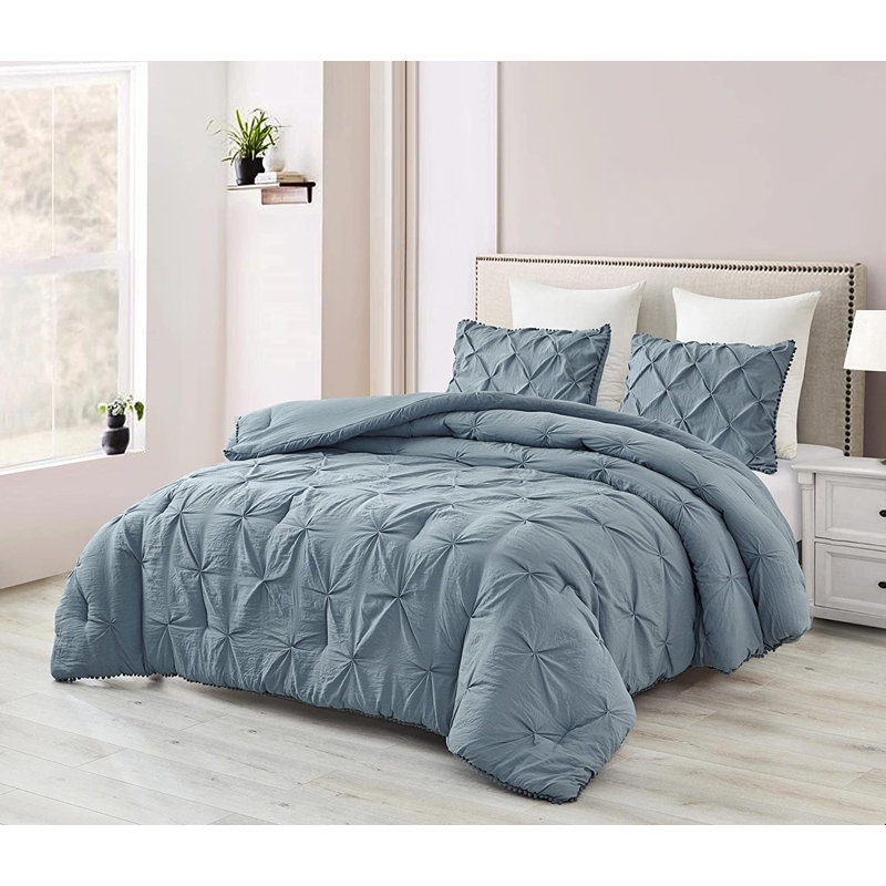 Natalia Washed Microfiber Pom Pom Pintuck Pleat Comforter Set, King Comforter + 2 King Shams, Blue