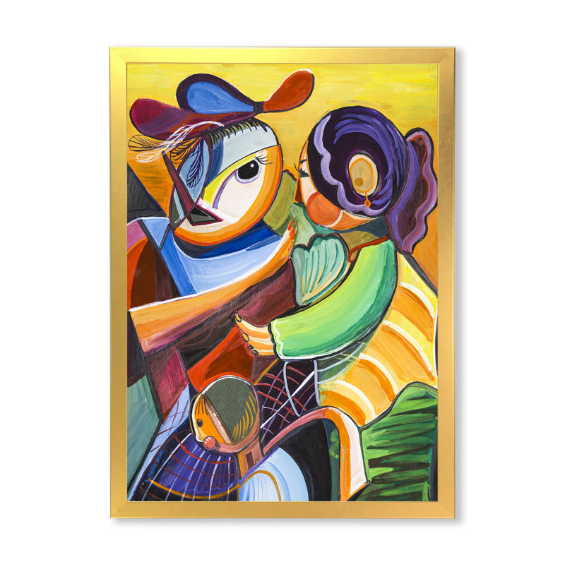 Abstrait deux femmes rencontrant - peinture, H 40 po x l 30 po x P 1,5 po, Cadre photo doré