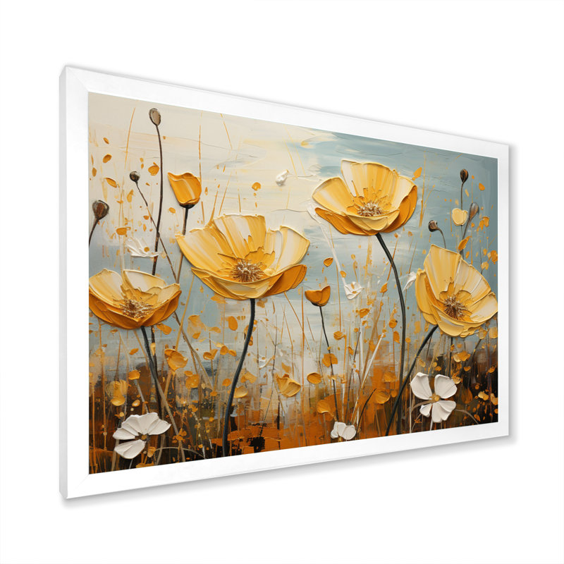 «Yellow Grey Buttercups Golden Glow Patchwork», reproduction sur toile, H 16 po x l 32 po x P 1 po, Cadre photo blanc
