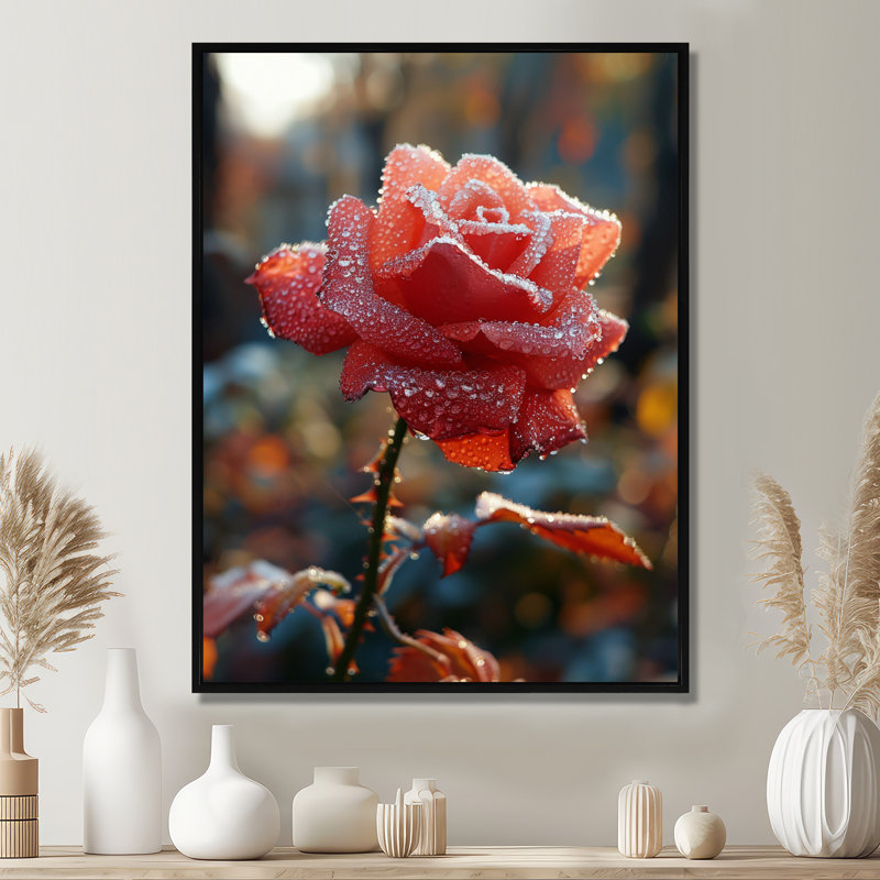 Rose rouge matin, aube, gouttes de rosée - art mural salon rose, Toile avec cadre flottant noir, H 32 po x l 24 po x P 1 po