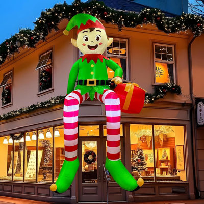 8 FT Elf Christmas Inflatables Outdoor Decoration, Large Christmas Blow Ups Built-in Blower and LED Lights, Xmas Decorations Sitting Elf with Gift Box for Yard Garden Roof Decor