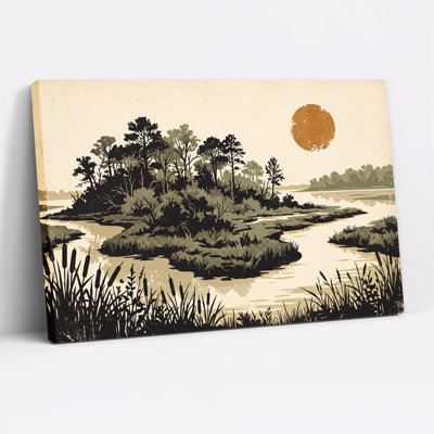 Silhouette, arbres et quenouilles le long d'une rivière sinueuse, art mural
