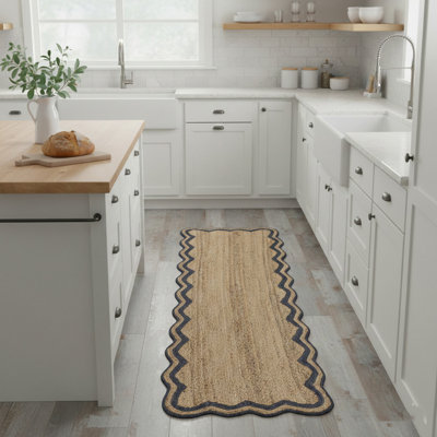 Ayanne Hand-Braided Scalloped Jute Navy Indoor Runner Rug with Non-skid Backing