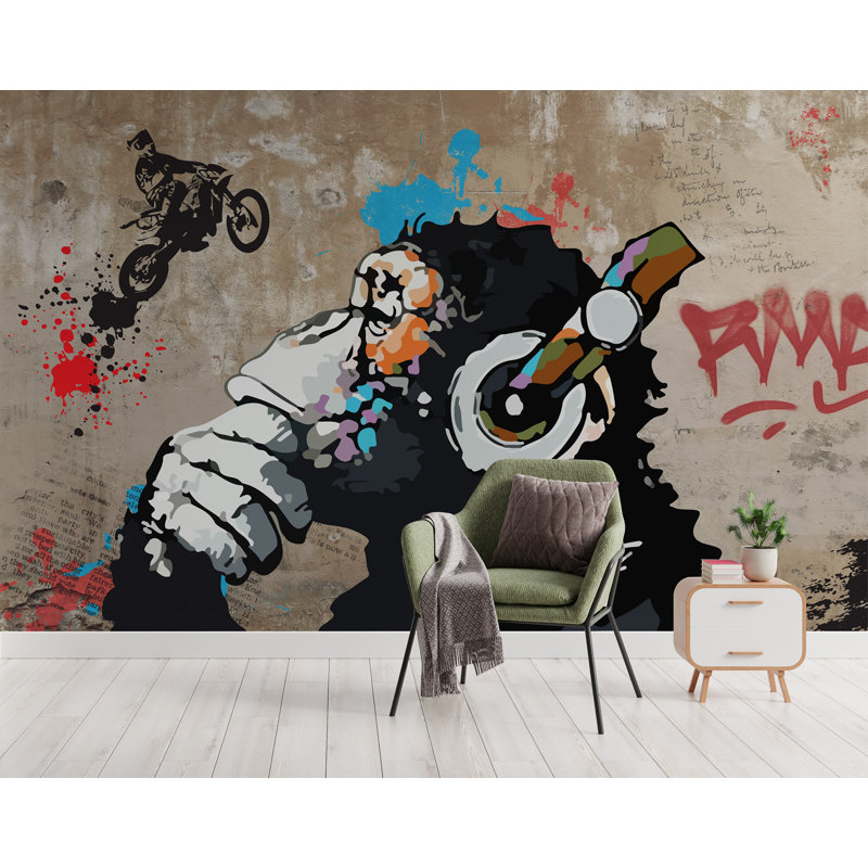 Papier peint Gorilla avec écouteurs écoutant de la musique