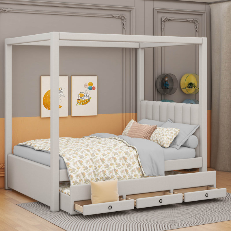 Lit plateforme à baldaquin avec lit gigogne Desalvo, Beige