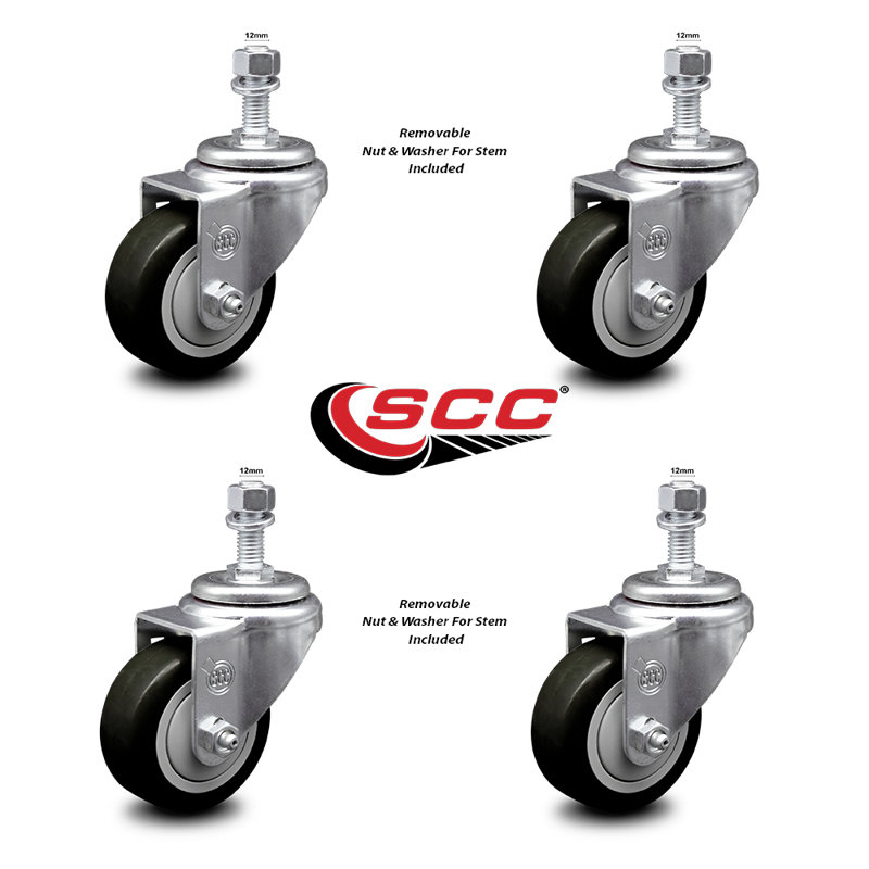 3.5 Inch_ Polyurethane Wheel Swivel 12mm Threaded Stem Caster Set SCC
