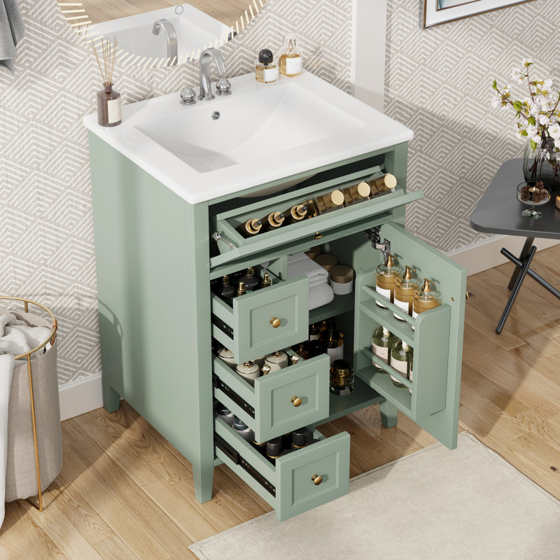 Meuble-lavabo simple 24 po avec lavabo en céramique, 4 tiroirs et armoire avec tablettes réglables, style moderne
