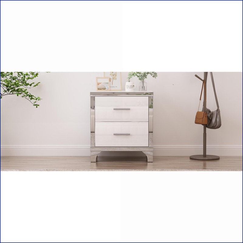 Table de chevet blanche brillante à 2 tiroirs - Rangement moderne pour chambre à coucher