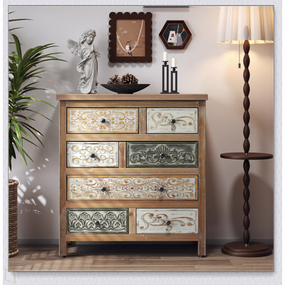 Commode d'appoint rétro en bois avec 6 tiroirs, commode de rangement rustique multicolore sculptée pour chambre à coucher, salon, décor de style campagnard (L 25,59 po x l 12,6 po x H 33,07 po)