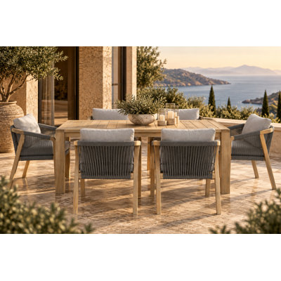 Ensemble de salle à manger d'extérieur Joly 7 pièces en bois d'acacia pour 6 personnes – Table de patio rectangulaire avec trou pour parasol et 6 chaises empilables en corde tressée avec coussins – Gris