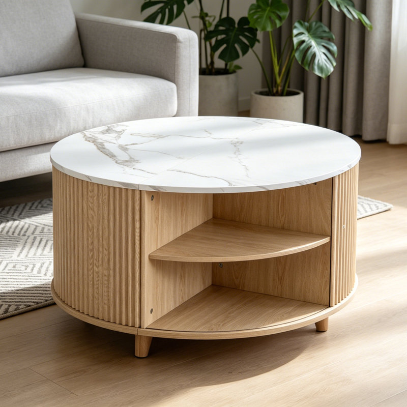 Table basse ronde, H 21,06 po x l 31,5 po x P 31,5 po, Blanc / Chêne clair