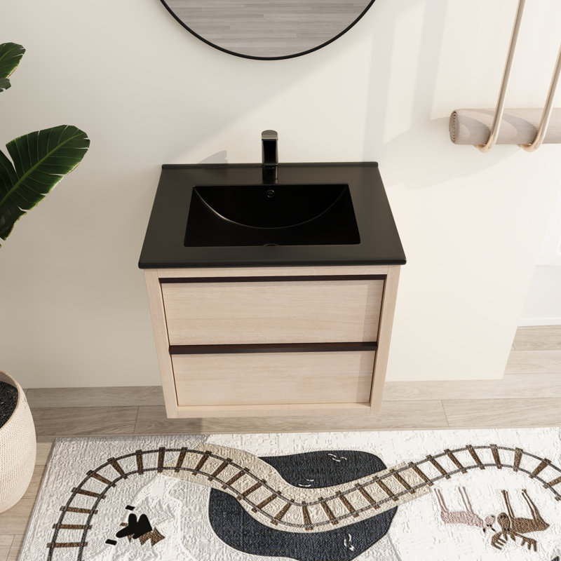 Loxby 24'' Single Sink Wall Mounted Bathroom Vanity,Floating Vanity with 2 Drawers and Ceramic Basin Sink Top, Black, Black