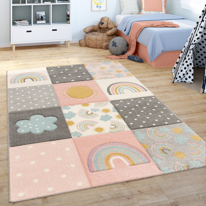 Calvo Kids Rainbow Clouds Power Loom Pink/Grey/Beige Rug, Rectangle 160 x 230cm