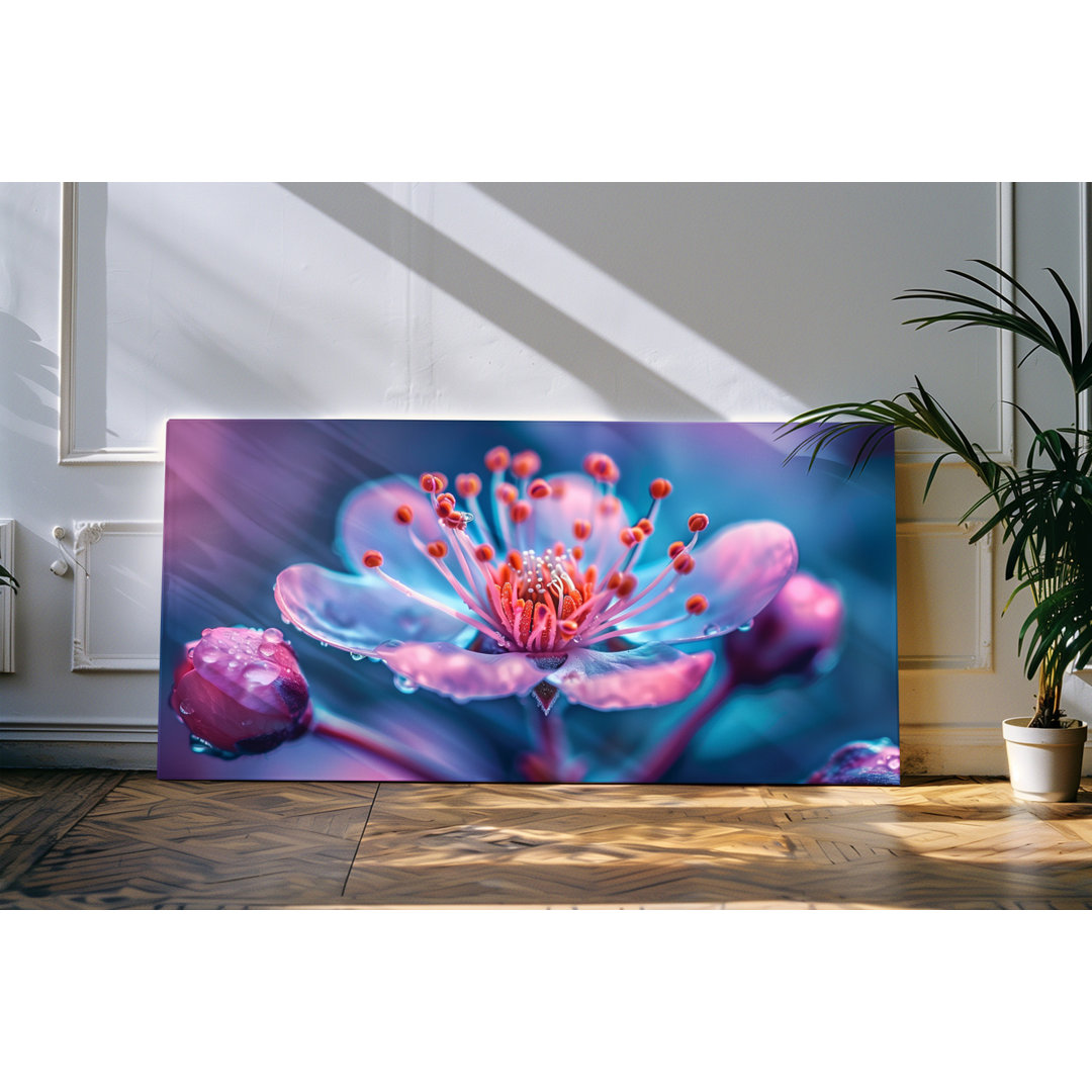 Wandbild 120x60cm Blume Blüte Nahaufnahme Blau Rot Wassertropfen