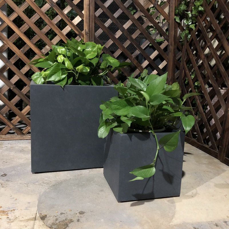 Wurster 3 Piece Lightweight Concrete Modern Square Outdoor Planter, 16 Inch Tall Set, Charcoal