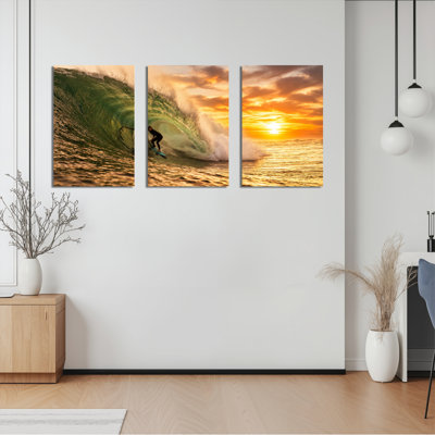 Surfer Riding Wave At Sunset Canvas Wrapped Wall Art Oil Painting Print Set Of 3