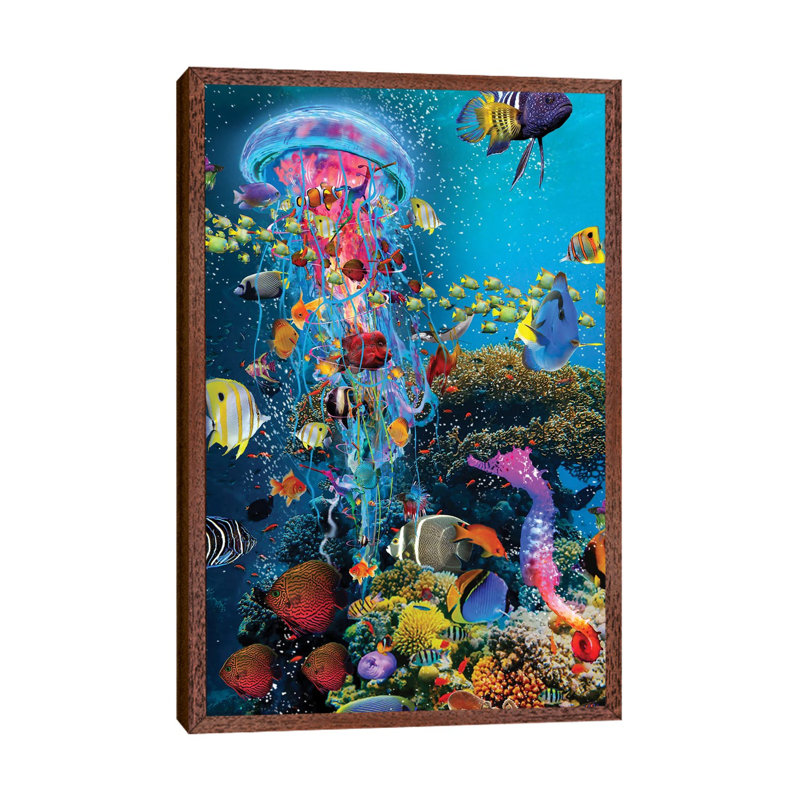 Electric Jellyfish At The Reef by David Loblaw - Print on Canvas, Classic Brown Wood Framed, 66.04 cm H x 45.72 cm W